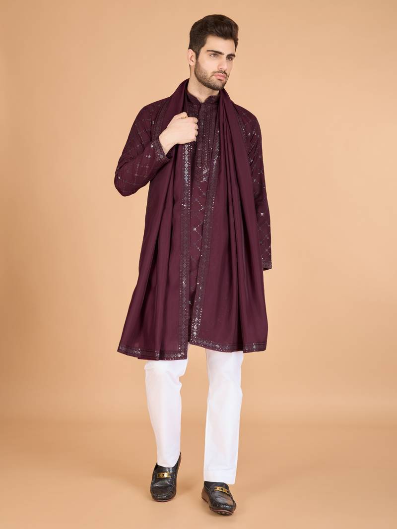 Maroon viscose silk thread & sequins embroidered work wedding festival marriage party wear straight kurta with dupatta
