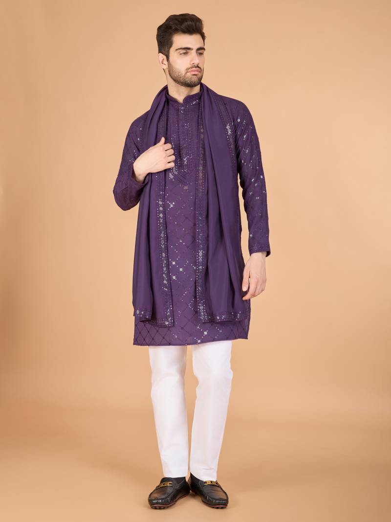 Dusty purple viscose silk thread & sequins embroidered work wedding festival party wear straight kurta with dupatta