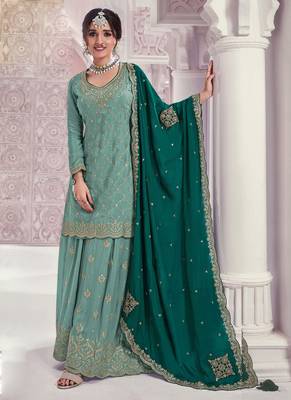 See green chinon embroidered Palazzo suit 1