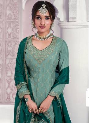 See green chinon embroidered Palazzo suit 2