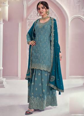 Light blue chinon embroidered Palazzo suit 1