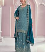 Light blue chinon embroidered Palazzo suit
