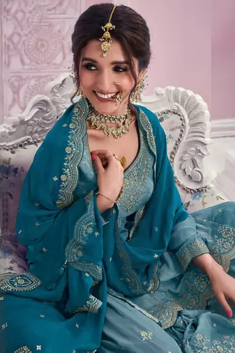 Light blue chinon embroidered Palazzo suit