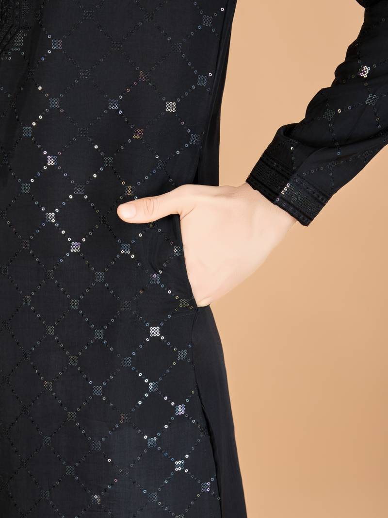 Black viscose silk thread & sequins embroidered work wedding festival marriage party wear straight kurta with dupatta