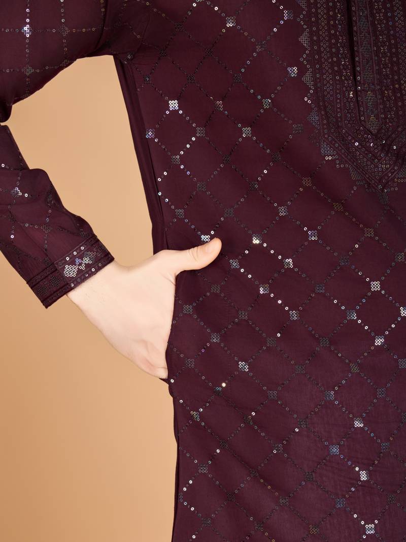 Maroon viscose silk thread & sequins embroidered work wedding festival marriage party wear straight kurta with dupatta