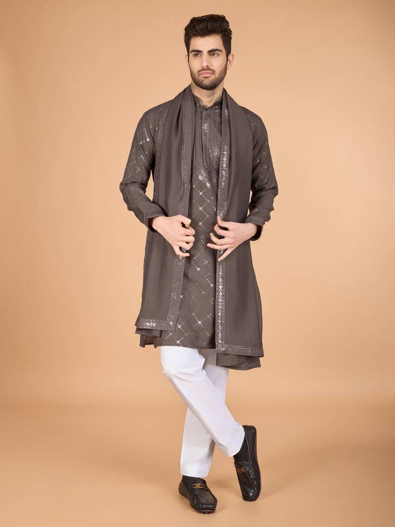 Brown viscose silk thread & sequins embroidered work wedding festival marriage party wear straight kurta with dupatta