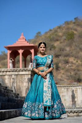 Cyan Fully Printed With Contrast Border Manipuri Silk Lehenga With Unstitched Blouse 1