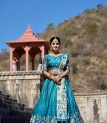 Cyan Fully Printed With Contrast Border Manipuri Silk Lehenga With Unstitched Blouse