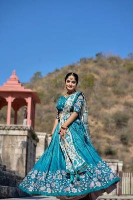 Cyan Fully Printed With Contrast Border Manipuri Silk Lehenga With Unstitched Blouse 2