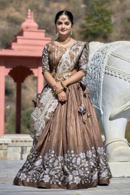 brown Fully Printed With Contrast Border Manipuri Silk  Lehenga With Unstitched Blouse 1