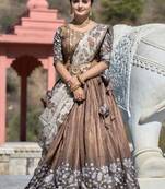 brown Fully Printed With Contrast Border Manipuri Silk  Lehenga With Unstitched Blouse