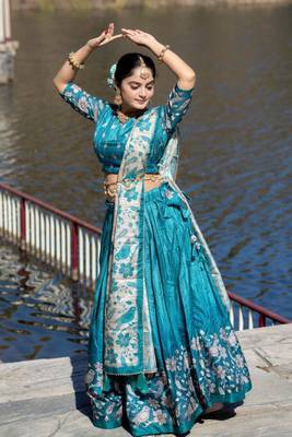 Cyan Fully Printed With Contrast Border Manipuri Silk Lehenga With Unstitched Blouse 3