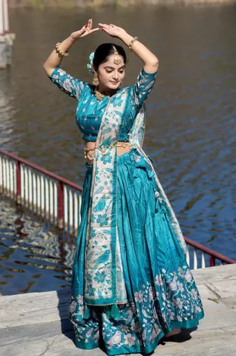 Cyan Fully Printed With Contrast Border Manipuri Silk Lehenga With Unstitched Blouse
