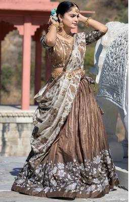 brown Fully Printed With Contrast Border Manipuri Silk  Lehenga With Unstitched Blouse 2