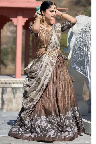 brown Fully Printed With Contrast Border Manipuri Silk  Lehenga With Unstitched Blouse