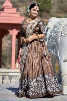 brown Fully Printed With Contrast Border Manipuri Silk  Lehenga With Unstitched Blouse 3