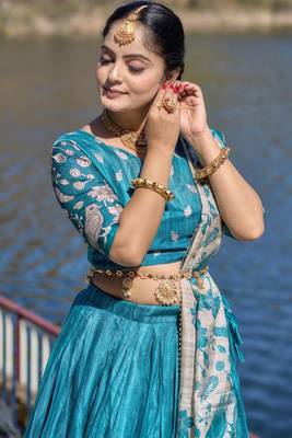 Cyan Fully Printed With Contrast Border Manipuri Silk Lehenga With Unstitched Blouse 4