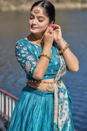 Cyan Fully Printed With Contrast Border Manipuri Silk Lehenga With Unstitched Blouse
