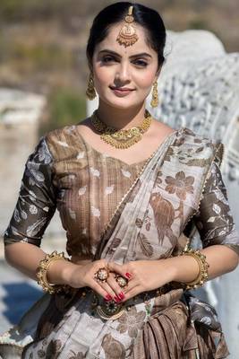 brown Fully Printed With Contrast Border Manipuri Silk  Lehenga With Unstitched Blouse 4