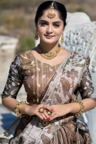 brown Fully Printed With Contrast Border Manipuri Silk  Lehenga With Unstitched Blouse