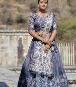 Grey Fully Printed With Contrast Border Manipuri Silk Lehenga With Unstitched Blouse
