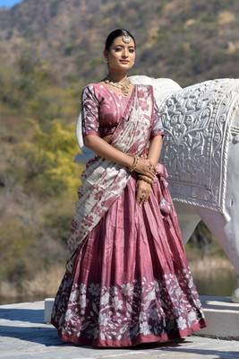 Deep-pink Fully Printed With Contrast Border Manipuri Silk Lehenga With Unstitched Blouse 1