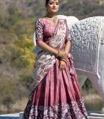 Deep-pink Fully Printed With Contrast Border Manipuri Silk Lehenga With Unstitched Blouse