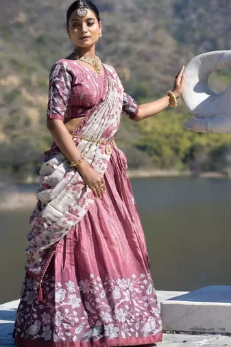 Deep-pink Fully Printed With Contrast Border Manipuri Silk Lehenga With Unstitched Blouse