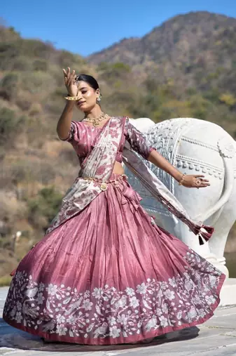 Deep-pink Fully Printed With Contrast Border Manipuri Silk Lehenga With Unstitched Blouse