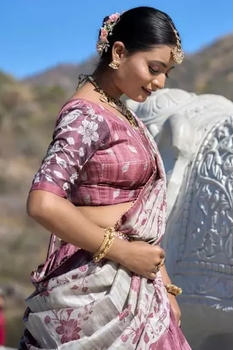 Deep-pink Fully Printed With Contrast Border Manipuri Silk Lehenga With Unstitched Blouse