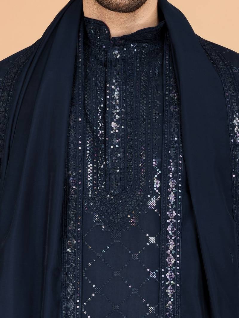 Navy blue viscose silk thread & sequins embroidered work wedding festival marriage party straight kurta with dupatta