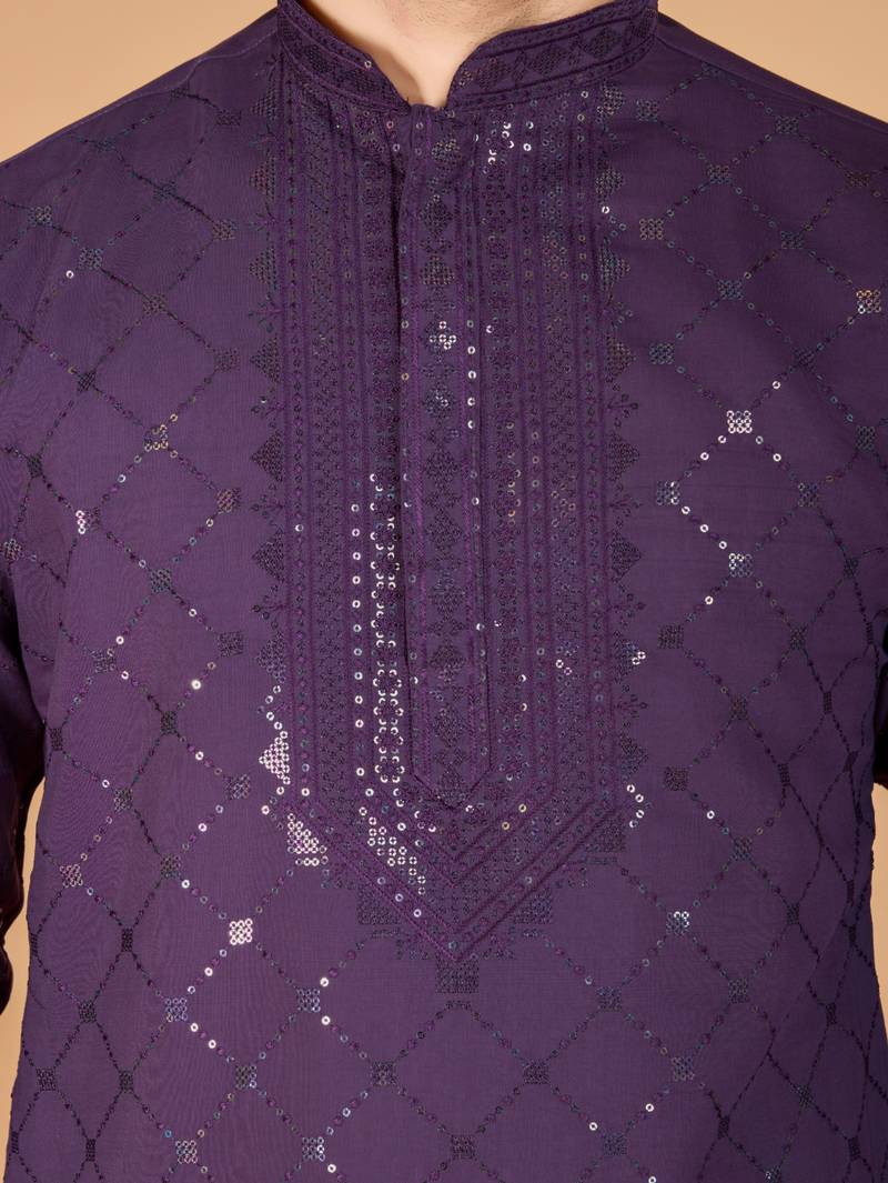 Dusty purple viscose silk thread & sequins embroidered work wedding festival party wear straight kurta with dupatta