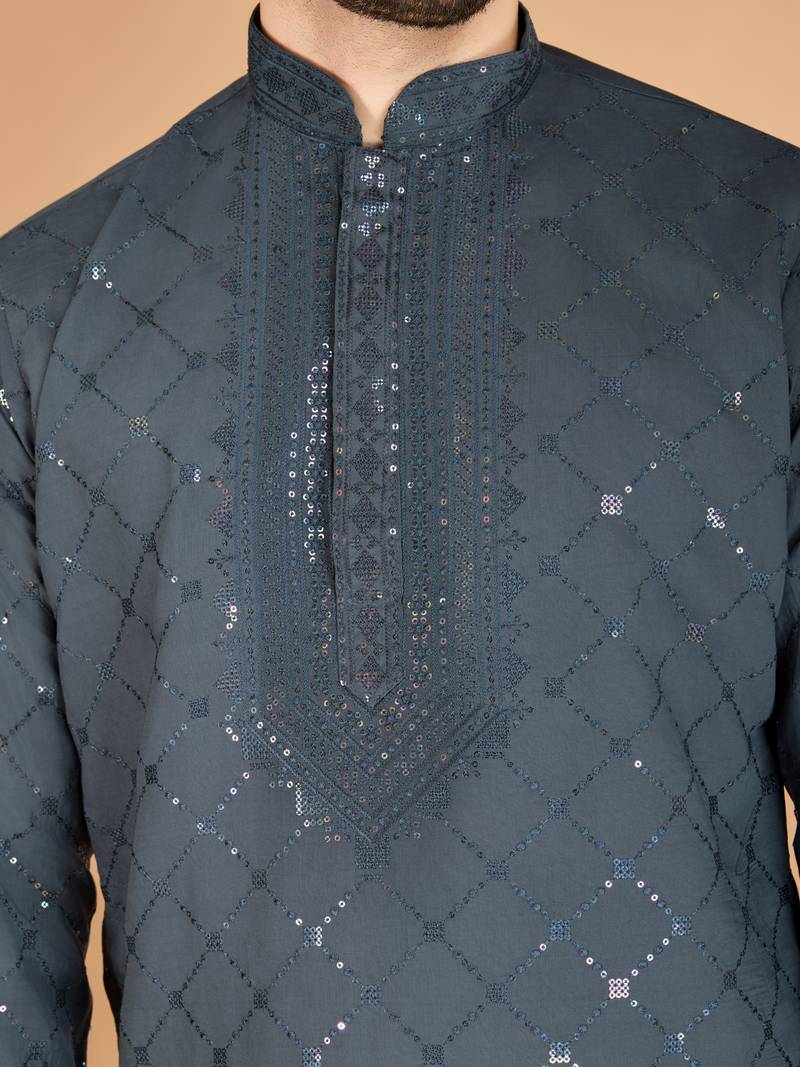 Grey viscose silk thread & sequins embroidered work wedding festival marriage party wear straight kurta with dupatta