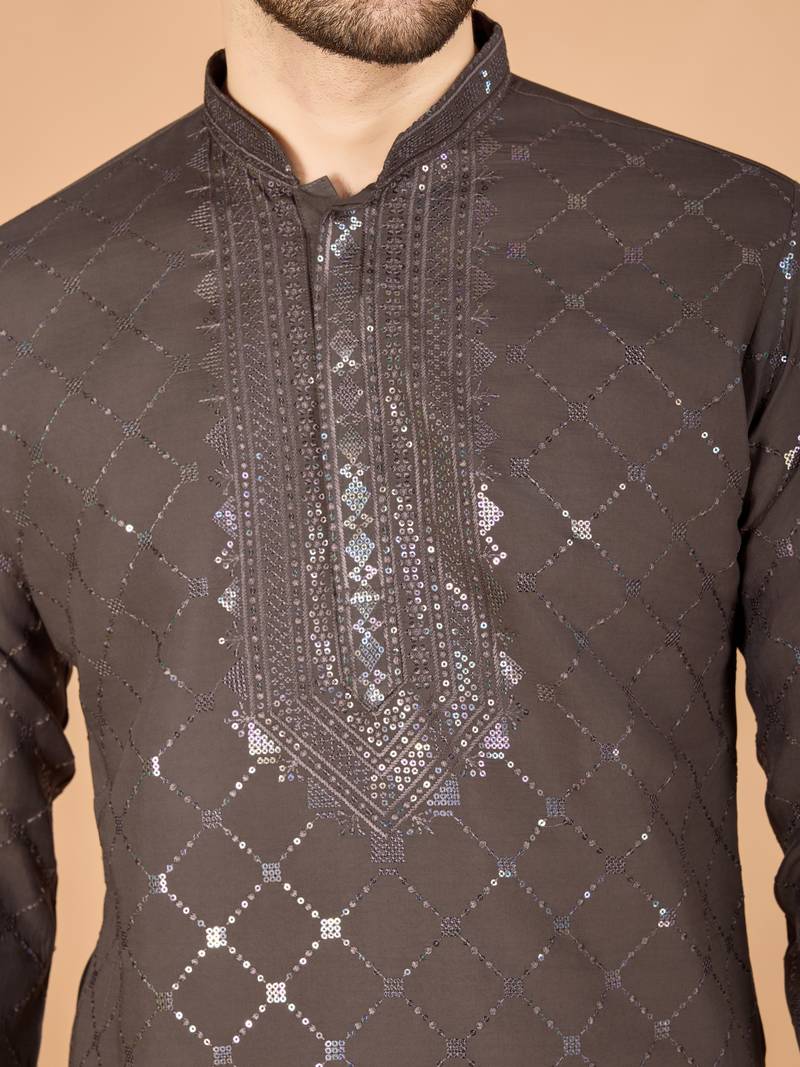 Brown viscose silk thread & sequins embroidered work wedding festival marriage party wear straight kurta with dupatta