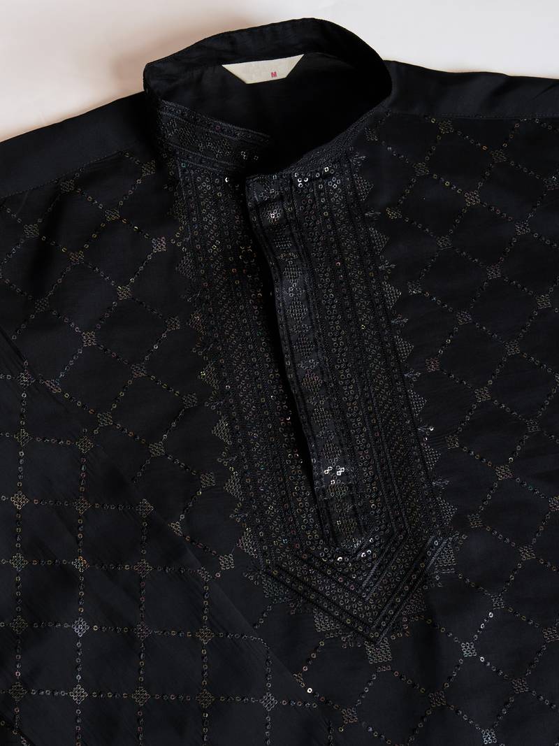 Black viscose silk thread & sequins embroidered work wedding festival marriage party wear straight kurta with dupatta