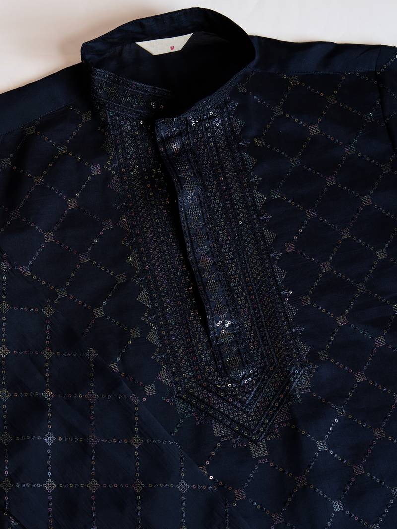 Navy blue viscose silk thread & sequins embroidered work wedding festival marriage party straight kurta with dupatta