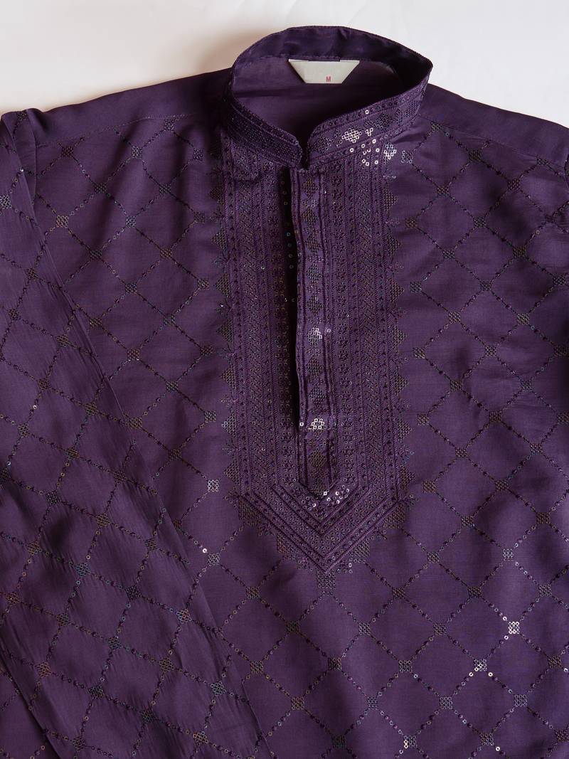 Dusty purple viscose silk thread & sequins embroidered work wedding festival party wear straight kurta with dupatta