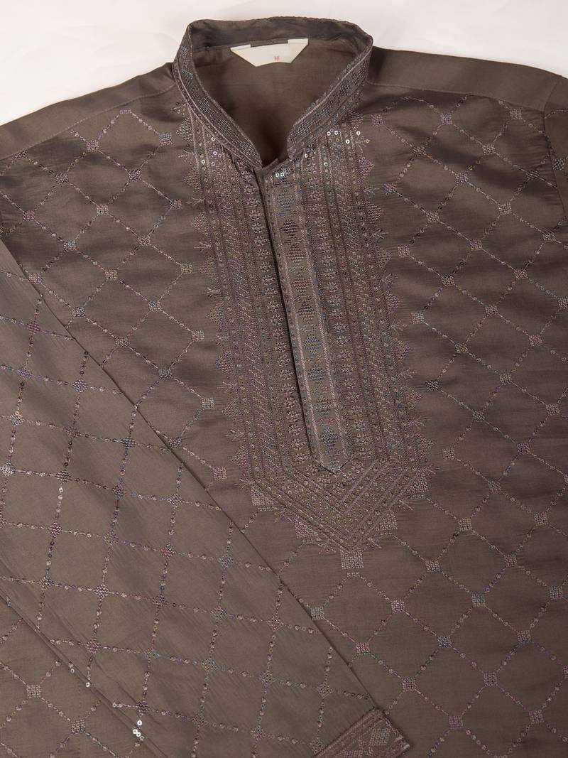 Brown viscose silk thread & sequins embroidered work wedding festival marriage party wear straight kurta with dupatta