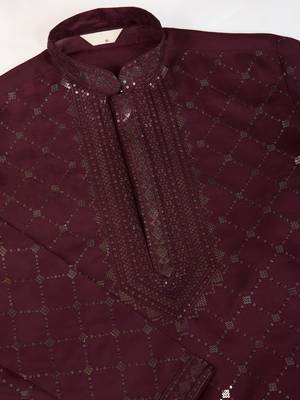Maroon viscose silk thread & sequins embroidered work wedding festival marriage party wear straight kurta with dupatta 10