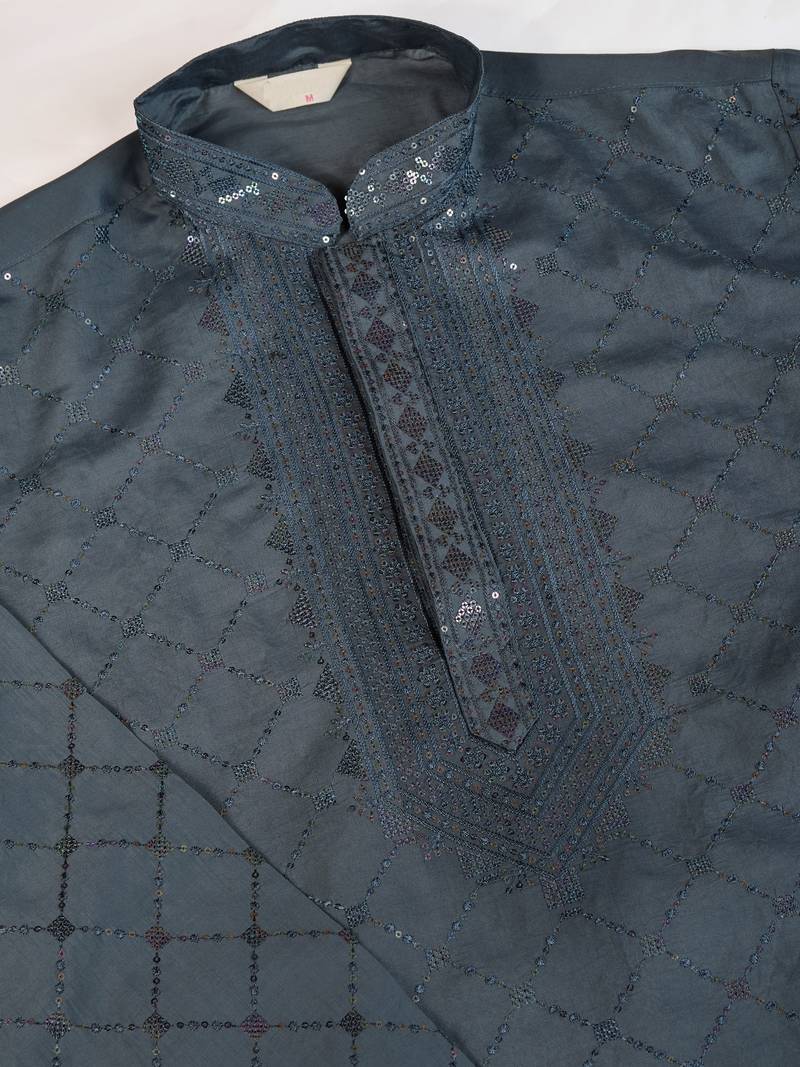Grey viscose silk thread & sequins embroidered work wedding festival marriage party wear straight kurta with dupatta