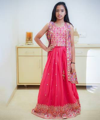 Red embroidered lehenga set for girl with jacket 1