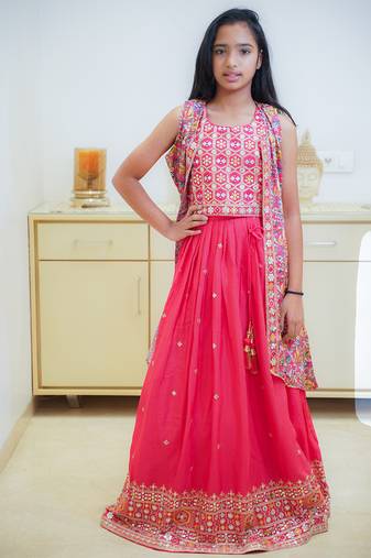 Red embroidered lehenga set for girl with jacket