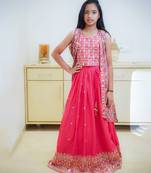Red embroidered lehenga set for girl with jacket