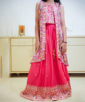 Red embroidered lehenga set for girl with jacket 2