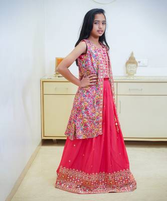 Red embroidered lehenga set for girl with jacket 3