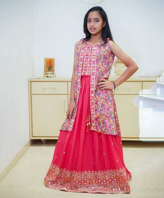 Red embroidered lehenga set for girl with jacket 4