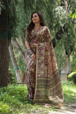 Brown tussar silk blend weaving saree with zari woven fancy tassels  1