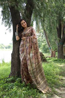 Brown tussar silk blend weaving saree with zari woven fancy tassels  4