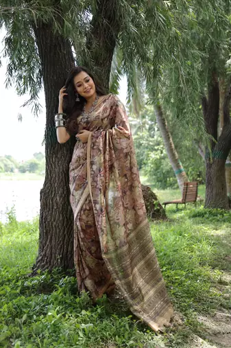 Brown tussar silk blend weaving saree with zari woven fancy tassels 