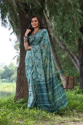 Firozi tussar silk blend weaving saree with zari woven fancy tassels  1